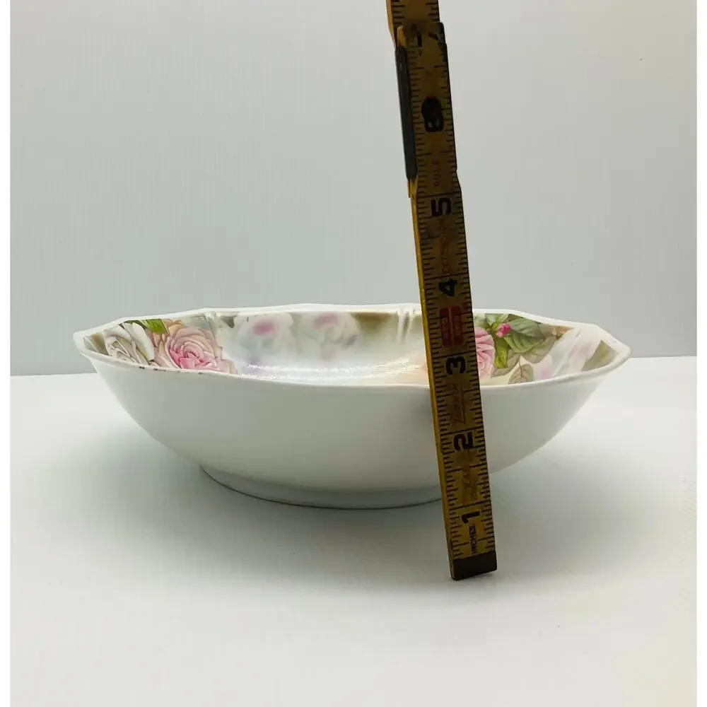 Antique Porcelain Serving Bowl Pink White Roses Scalloped Hand Painted